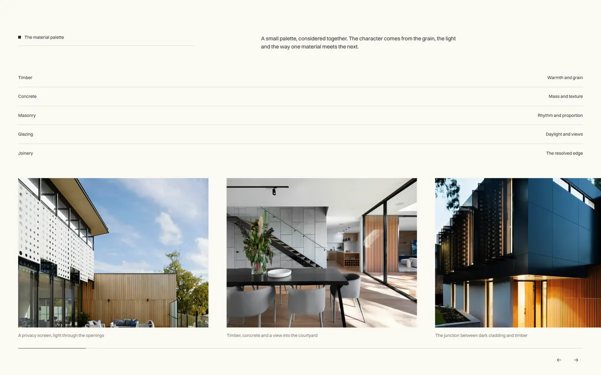 Material references and architectural details in the Fairfield concept.