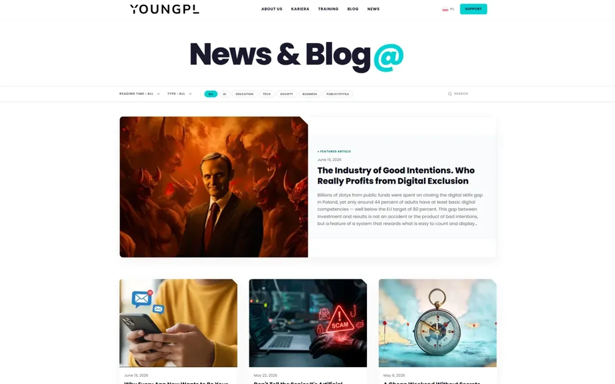 The article index, with reading-time and topic filters above a featured article card